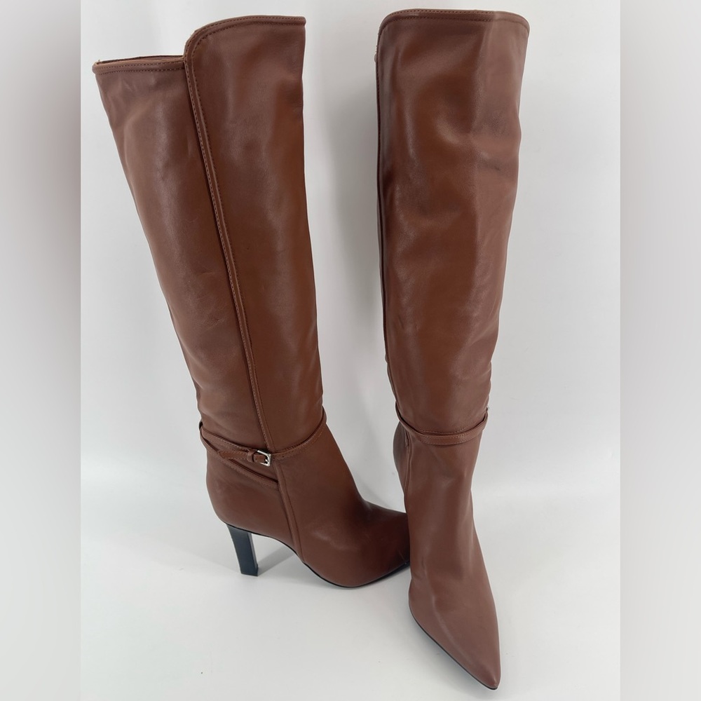Reiss Caitlin Leather Knee High Heeled Boots in Tan Size EU 39 NWT